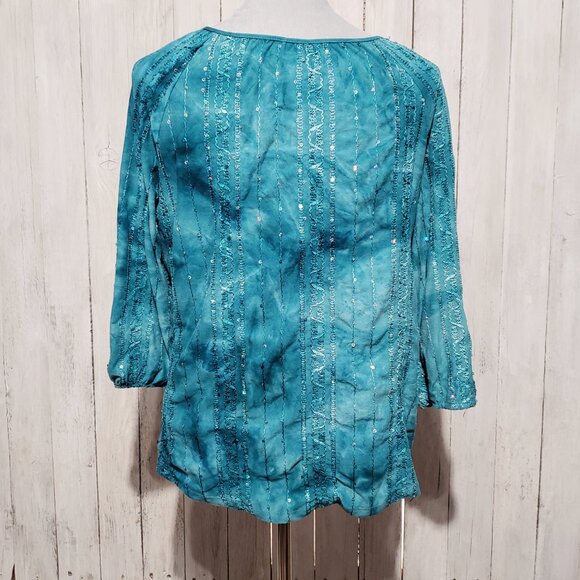 JM Collection PL LP Top Blouse Teal Blue Green Sequin Lace Trim 3/4 Sleeve Knit - Picture 4 of 6
